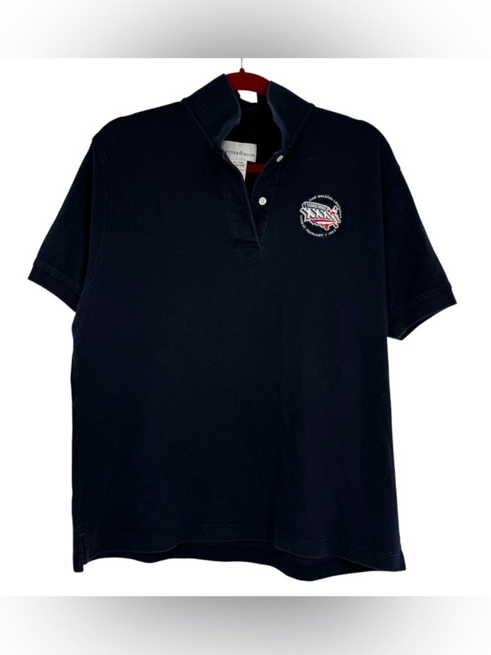 Cutter & Buck XL Navy SS Polo w Promotional Super Bowl 36/Miller Lite Patches